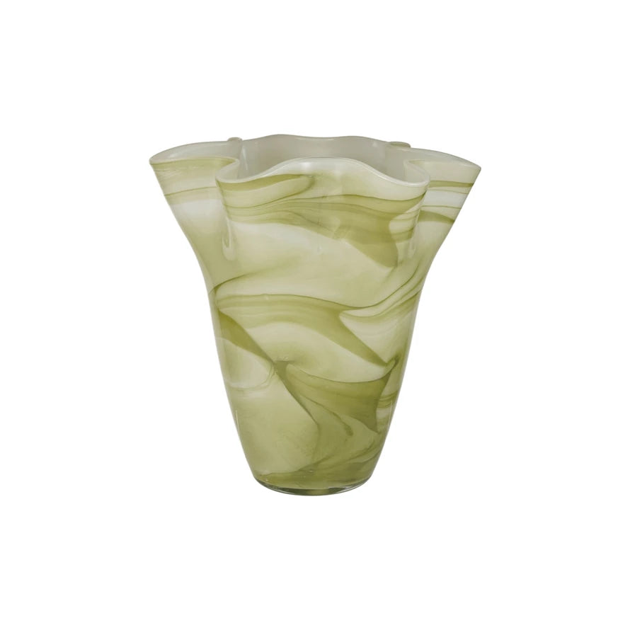 Hand-Blown Glass Ruffled Vase with Swirled Design