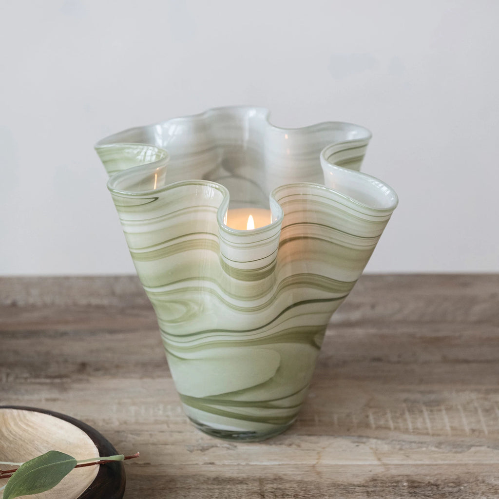 Hand-Blown Glass Ruffled Vase with Swirled Design — detail view
