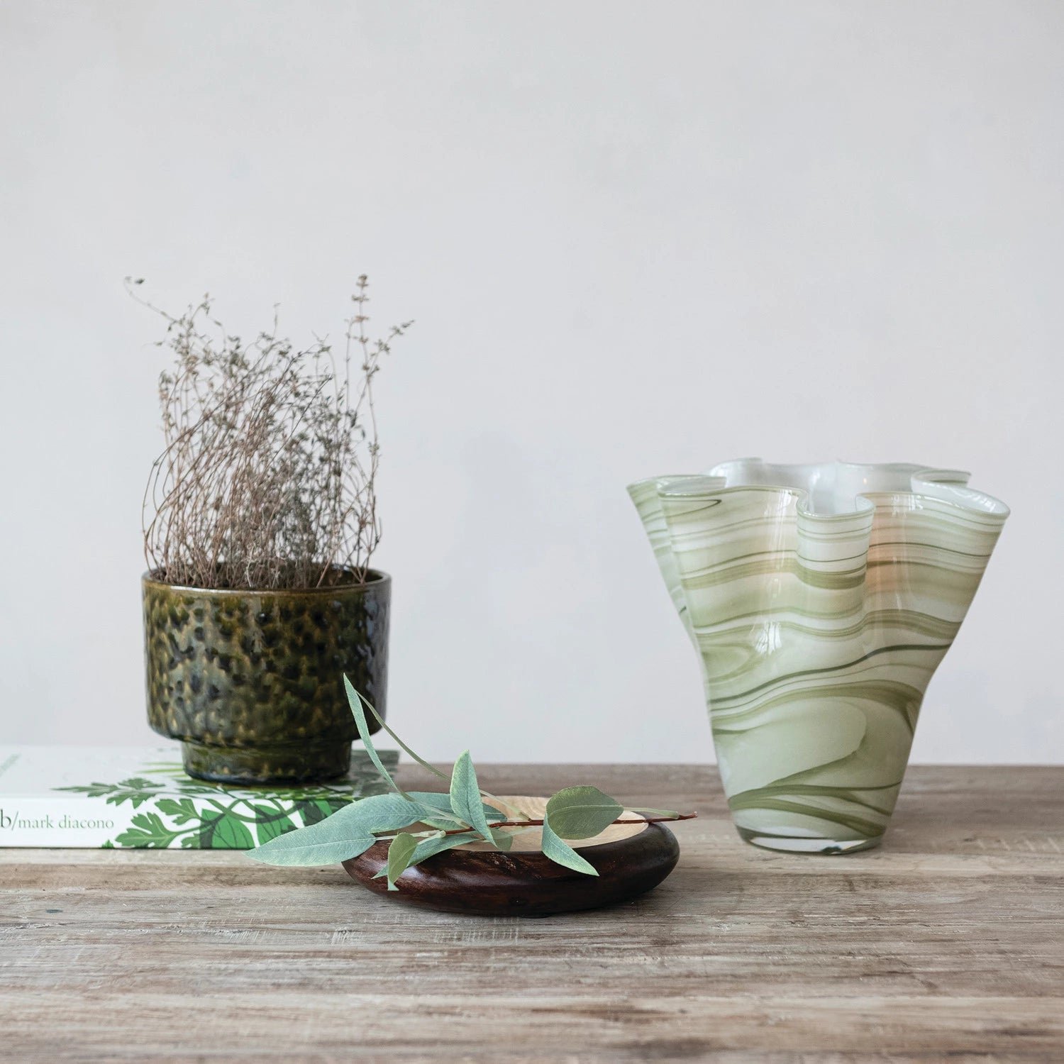 Hand-Blown Glass Ruffled Vase with Swirled Design — styled