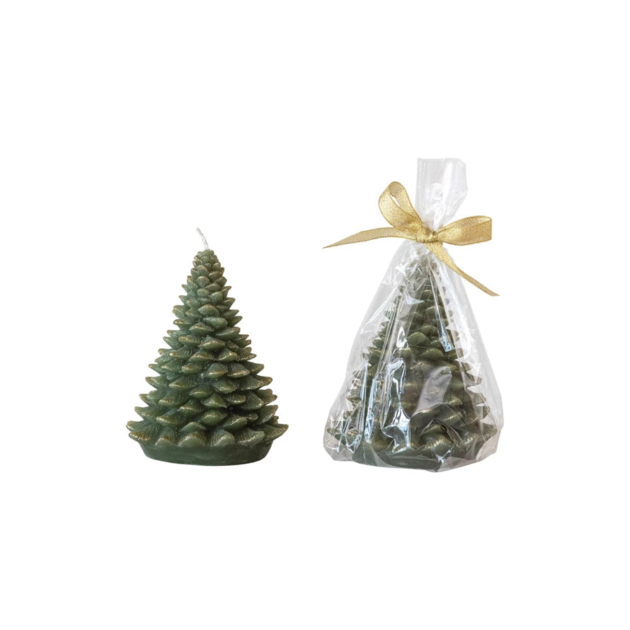 Unscented Tree Shaped Candle w/ Gold Tips, Evergreen Color - Small