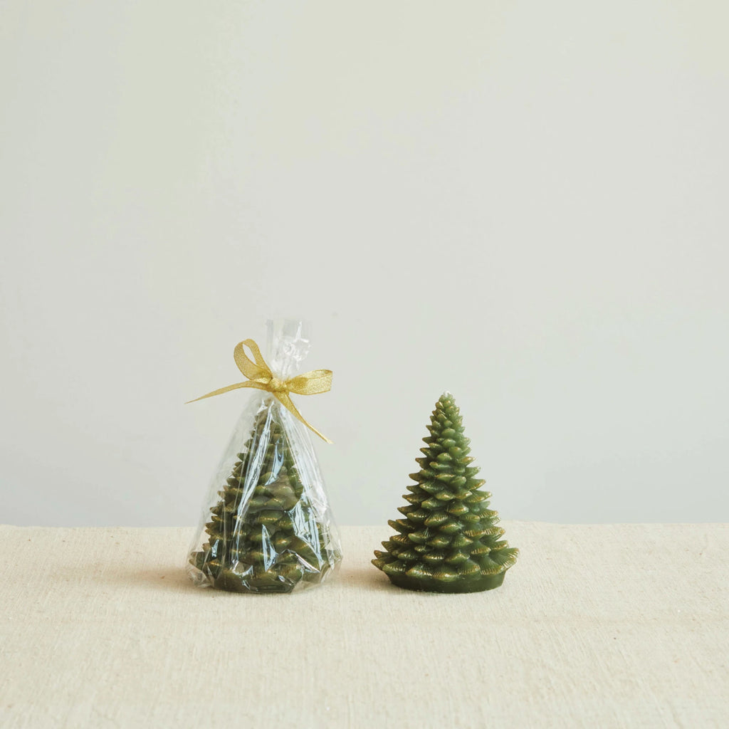 Unscented Tree Shaped Candle w/ Gold Tips, Evergreen Color - Small