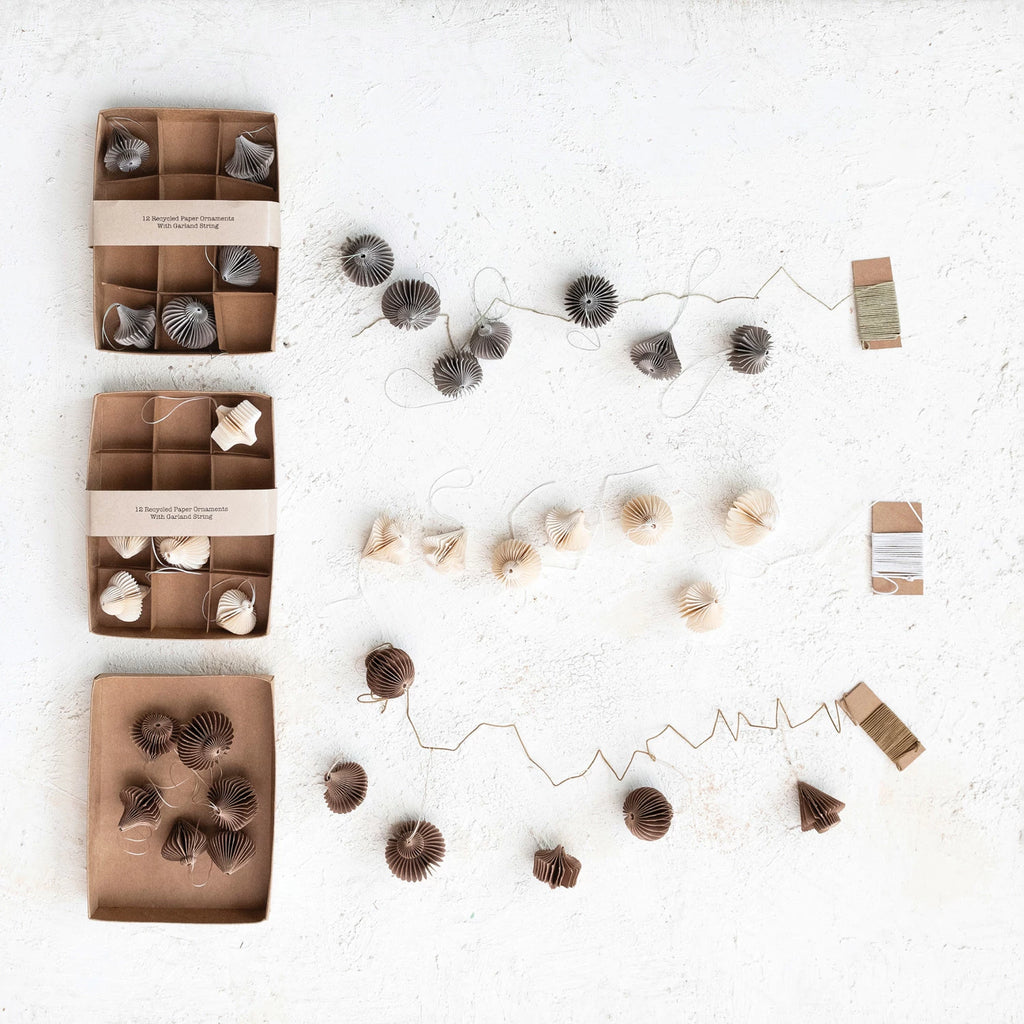 Recycled Paper Honeycomb Ornaments w/ DIY Garland String, Boxed Set of 13