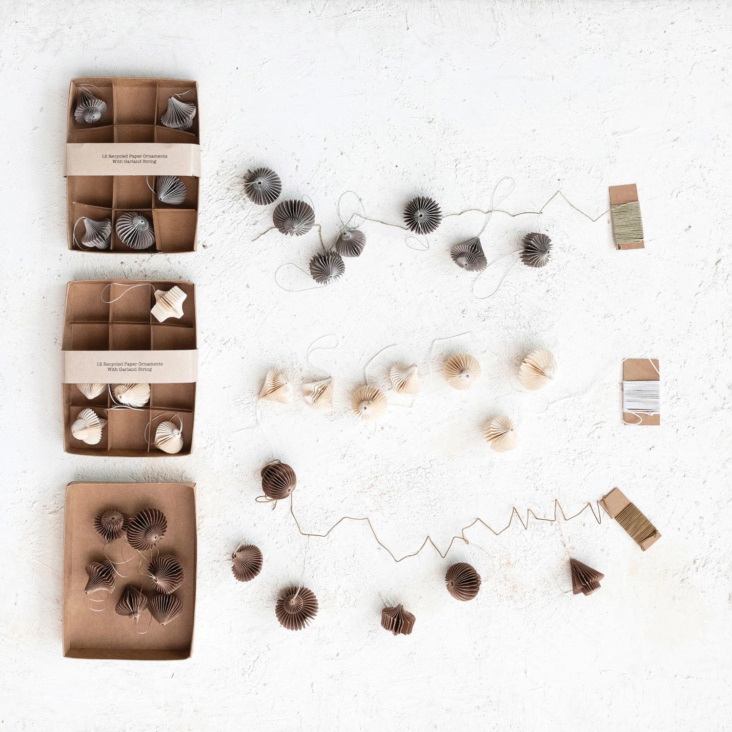 Recycled Paper Honeycomb Ornaments w/ DIY Garland String, Boxed Set of 13